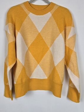 Sunday Up Yellow & White Warm Soft Argyle Crewneck Sweater Preppy Grandpa-Core